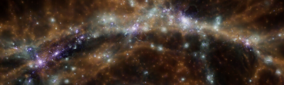 Illustrasjon av tråder (brunt og oransje) i det enorme kosmiske nettet, med galakshoper (hvitt) av ulik størrelse langs trådene. (Foto: Grafikk: K. Dolag, Universitäts-Sternwarte München, Ludwig-Maximilians-Universität München)