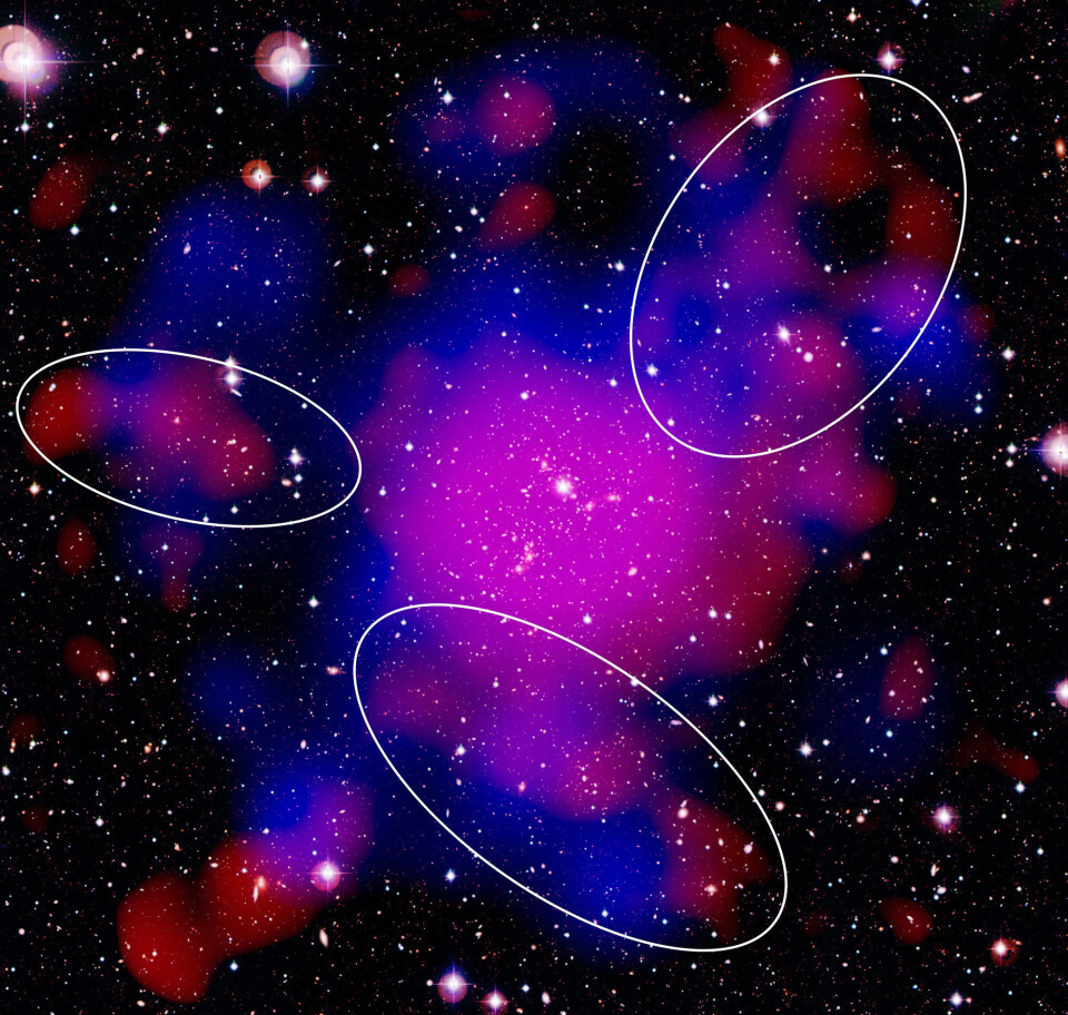 Den enorme galaksehopen Abell 2744 med tre tråder av het gass (rødt) sirklet inn. Disse tre trådene er en del av det kosmiske nettet. Områder dominert av mørk materie er farget blå. Hver 'stjerne' i bildet er en galakse. Sentrum av galaksehopen synes i rosa i midten. (Foto:  ESA/XMM-Newton/ESO/WFI/NASA/CFHT)