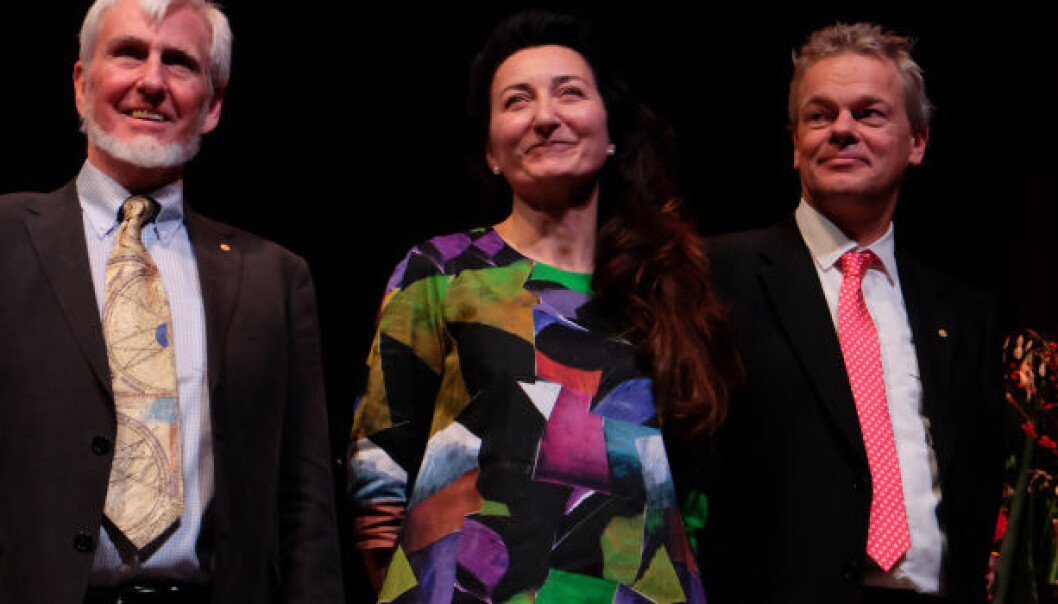 Nobel Laureates John O'Keefe, May-Britt Moser and Edvard Moser on stage after their Nobel Lectures at the Karolinska Institutet in Stockholm. (Photo: Gunnar K. Hansen, NTNU) Nobel Laureates John O'Keefe, May-Britt Moser and Edvard Moser on stage after their Nobel Lectures at the Karolinska Institutet in Stockholm. (Photo: Gunnar K. Hansen, NTNU)