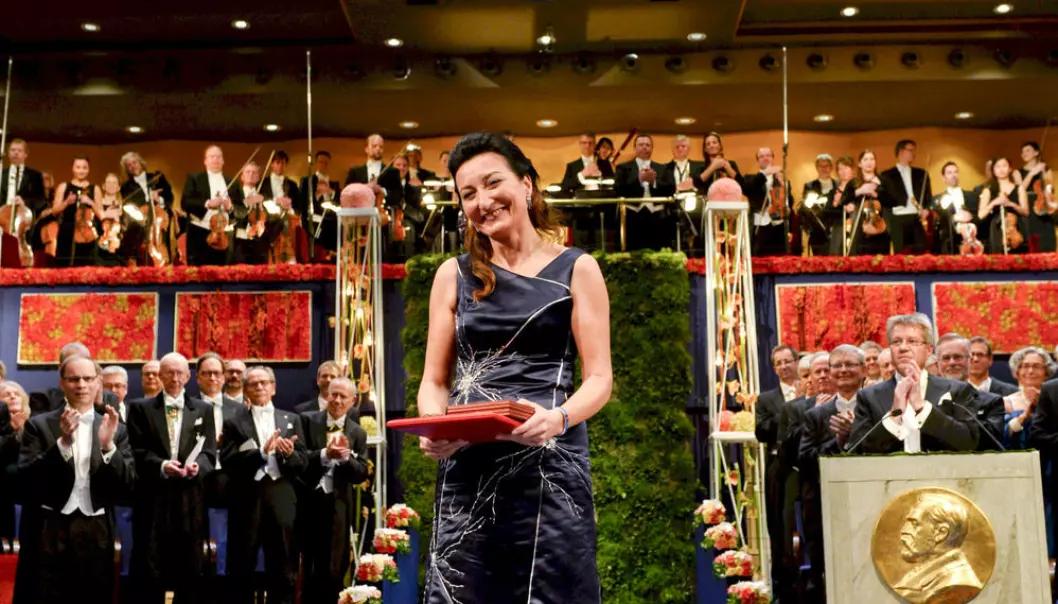 Nobel Laureate May-Britt Moser after receiving her diploma from Sweden's King Carl XVI Gustaf during the Nobel Prize ceremony at the Concert Hall in Stockholm 10 December 2014. (Photo: Henrik Montgomery/NTB scanpix)