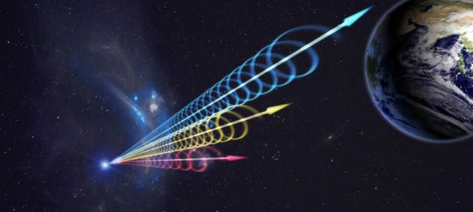 Dette er en illustraasjon av en FRB som kommer til jorda. De forskjellige fargene viser at signalet kommer i forskjellige bølgelengder til jorden. (Bilde: Jingchuan Yu, Beijing Planetarium)