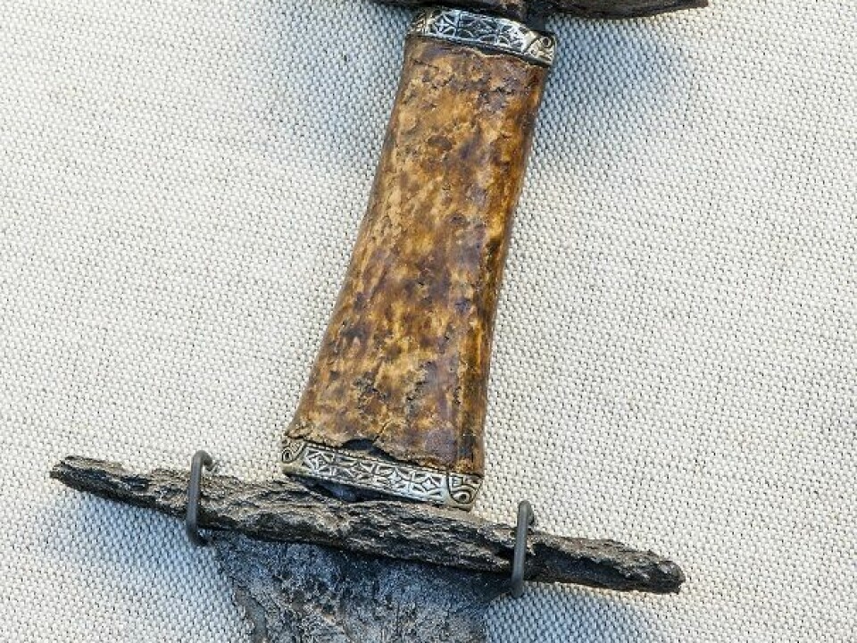 Sword with Anglo-Saxon silver inlay found in a man’s grave in Heggestrøa, Steinkjer municipality. (Photo: Åge Hojem, NTNU University Museum)