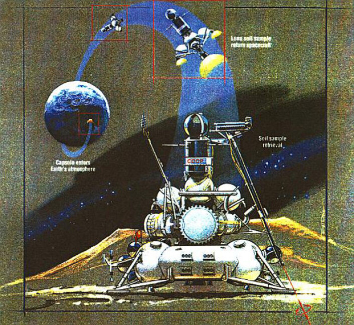 Luna 24 er den hittil siste i denne serien av russiske månesonder. Den landet i Mare Crisium 18. august 1976 og returnerte 170,1 gram måneprøver til Sibir 22. august samme år. (Foto: (Illustrasjon: NASA)) Luna 24 er den hittil siste i denne serien av russiske månesonder. Den landet i Mare Crisium 18. august 1976 og returnerte 170,1 gram måneprøver til Sibir 22. august samme år. (Foto: (Illustrasjon: NASA))