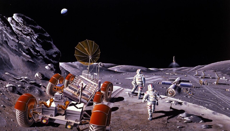 Russerne planlegger en månebase etter 2030, både for industri og forskning. Vann på månens sydpol kan brukes til å opprettholde livet for beboerne på basen og som råstoff til rakettdrivstoff for ferder videre ut i rommet. Denne illustrasjonen er fra en amerikansk studie i 1984. (Illustrasjon: NASA/Dennis M. Davidson)