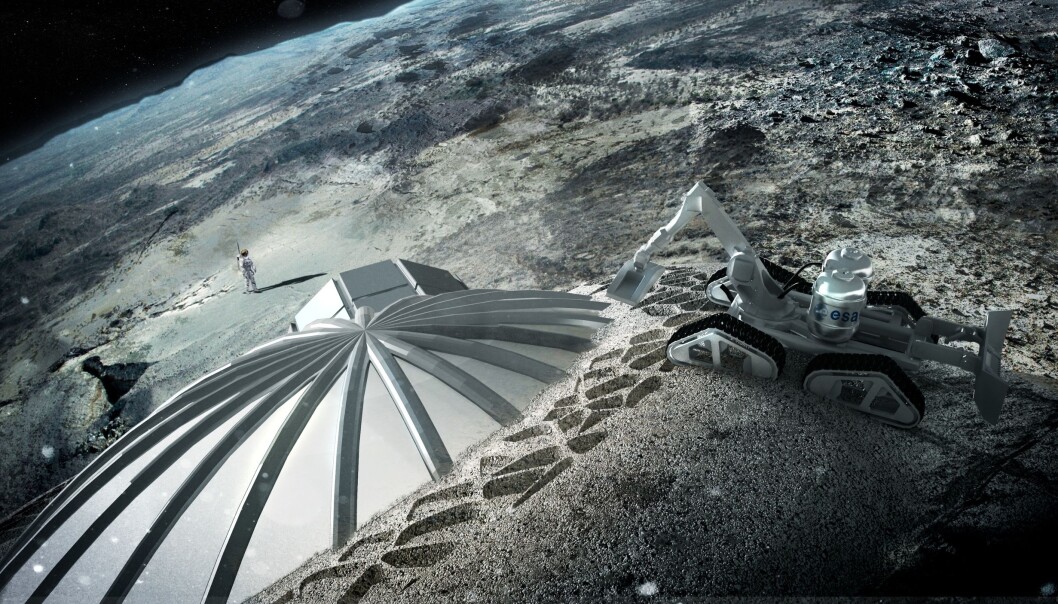 3D-printede oppblåsbare kupler som dekkes av løsmasser fra månens overflate, regolith, er blant planene til den europeiske romfartsorganisasjonen ESA. (Illustrasjon: ESA/Foster + Partners) 3D-printede oppblåsbare kupler som dekkes av løsmasser fra månens overflate, regolith, er blant planene til den europeiske romfartsorganisasjonen ESA. (Illustrasjon: ESA/Foster + Partners)