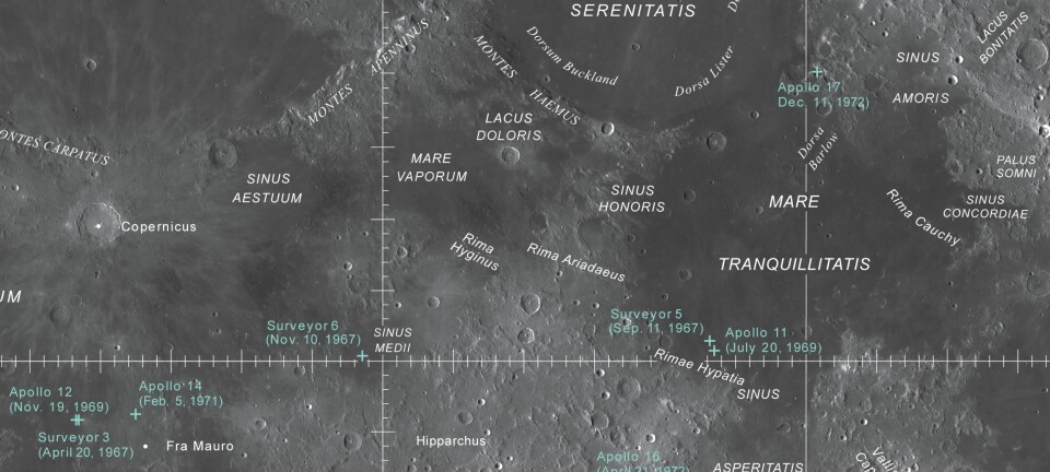 En del av månen på kartet fra USGS. Her kan du se hvor Apollo-fartøyene landet.  (Foto: USGS, NASA, ASU)