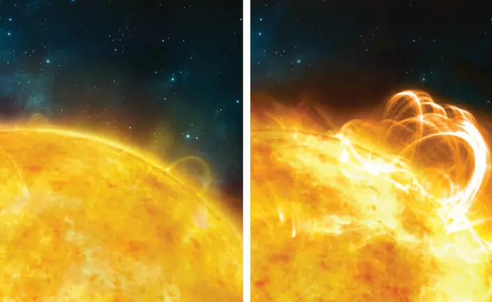 Til venstre: Sola i en stille periode uten utbrudd. Til høyre: Slik kunne sola sett ut under en superfakkel. En stor sløyfe av lysende gass følger magnetlinjene over et aktivt område på sola. (Foto: (Illustrasjon: University of Warwick/Ronald Warmington))