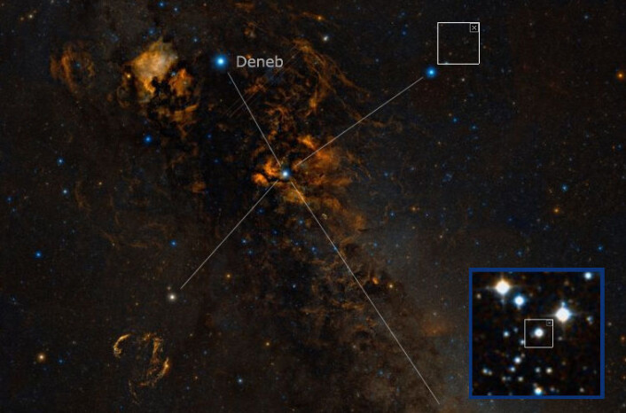 Dobbeltstjerna KIC9655129 ligger rett utfor den høyre vingetippen i stjernebildet Svanen (Cygnus), som er synlig på den norske sommer- og høsthimmelen. Lysglimtet fra et superkraftig utbrudd på en av de to stjernene i dobbeltstjerneparet ble registrert av romteleskopet Kepler, som ellers leter etter små formørkelser når exoplaneter glir inn foran skiven til moderstjernen. Utbruddet var tusen ganger kraftigere enn selv det kraftigste utbrudd sett på sola. Måten lysfakkelen døde ut på etter utbruddet, med pulser som hadde to forskjellige perioder, får forskerne til å anta at samme mekanisme ligger bak utbrudd på sola som på denne stjerna. (Foto: (Bilde: Fra Skymap.org, bearbeidet av forskning.no)) Dobbeltstjerna KIC9655129 ligger rett utfor den høyre vingetippen i stjernebildet Svanen (Cygnus), som er synlig på den norske sommer- og høsthimmelen. Lysglimtet fra et superkraftig utbrudd på en av de to stjernene i dobbeltstjerneparet ble registrert av romteleskopet Kepler, som ellers leter etter små formørkelser når exoplaneter glir inn foran skiven til moderstjernen. Utbruddet var tusen ganger kraftigere enn selv det kraftigste utbrudd sett på sola. Måten lysfakkelen døde ut på etter utbruddet, med pulser som hadde to forskjellige perioder, får forskerne til å anta at samme mekanisme ligger bak utbrudd på sola som på denne stjerna. (Foto: (Bilde: Fra Skymap.org, bearbeidet av forskning.no))