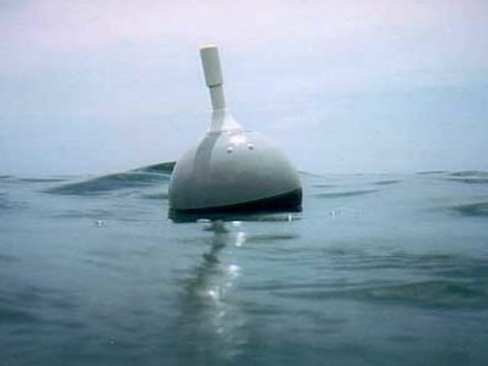 The surface drifters are designed with a 15-m-long drogue, an anchor device to ensure the buoy drifts with water movement rather than being driven by winds. The drifters transmit their position and water temperature several times daily. (Photo: Global Drifter Program)