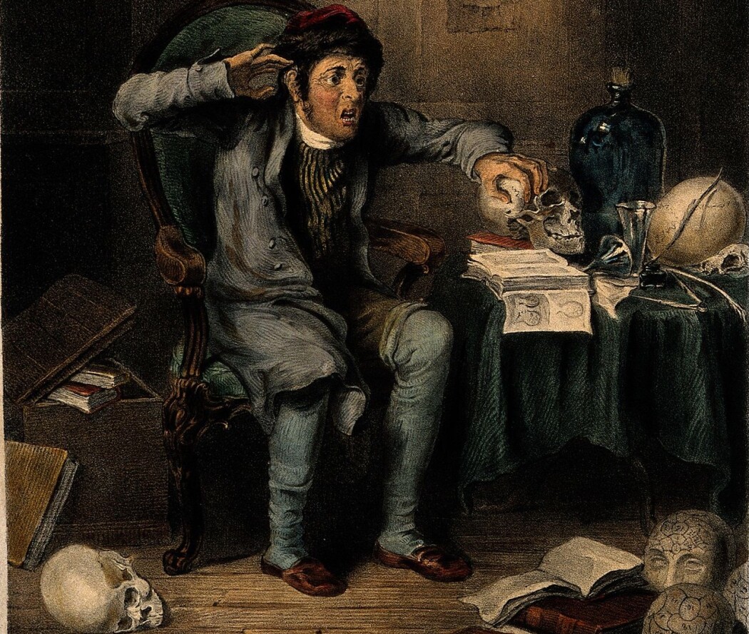 Frenologer påstod at de kunne finne ut alt de trengte å vite om personligheten din, simpelthen ved å kjenne på hodeskallens konturer. (Bilde: Theodore Lane/Wikimedia Commons.) Frenologer påstod at de kunne finne ut alt de trengte å vite om personligheten din, simpelthen ved å kjenne på hodeskallens konturer. (Bilde: Theodore Lane/Wikimedia Commons.)
