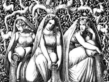 Urd, Verdande and Skuld, also called Norns in Norse mythology, are the three goddesses of destiny. They sit in Åsgård at the roots of the world tree Yggdrasil. One of their tasks is to pour white sand over the tree roots. (Illustration: Die Helden und Götter des Nordens, oder Das Buch der Sagen. G. Gropius)