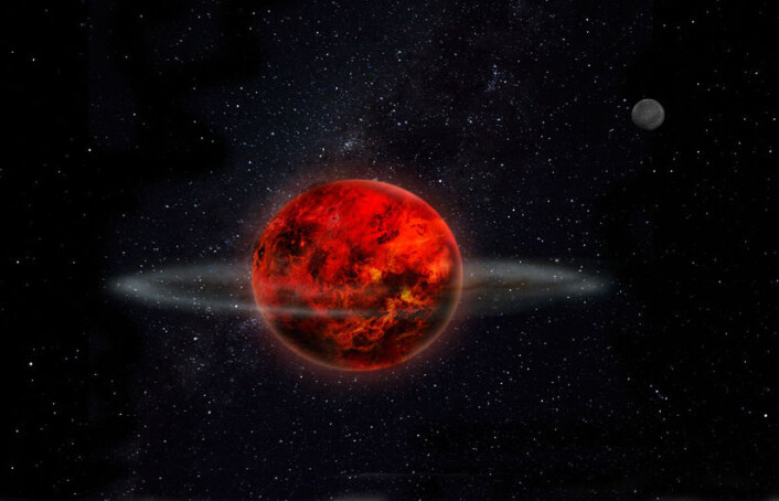 Den unge jorda kolliderte med en annen planet, og en ring ble slynget ut i bane rundt jordas ekvator. Denne ringen trakk seg sammen og ble til månen. Andre småkloder sneiet forbi månen og endret banen, slik at den ikke går rett foran sola og lager solformørkelse hver nymåne. En av disse småklodene er tegnet inn øverst til høyre i bildet. (Foto: (Illustrasjon: Laetitia Lalila)) Den unge jorda kolliderte med en annen planet, og en ring ble slynget ut i bane rundt jordas ekvator. Denne ringen trakk seg sammen og ble til månen. Andre småkloder sneiet forbi månen og endret banen, slik at den ikke går rett foran sola og lager solformørkelse hver nymåne. En av disse småklodene er tegnet inn øverst til høyre i bildet. (Foto: (Illustrasjon: Laetitia Lalila))
