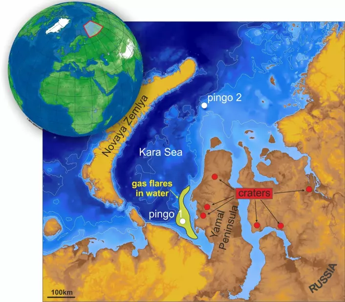 Kartet viser hvor de to pingoene er funnet i Sør-Karahavet. (Foto: (Illustrasjon: Pavel Serov, Cage))