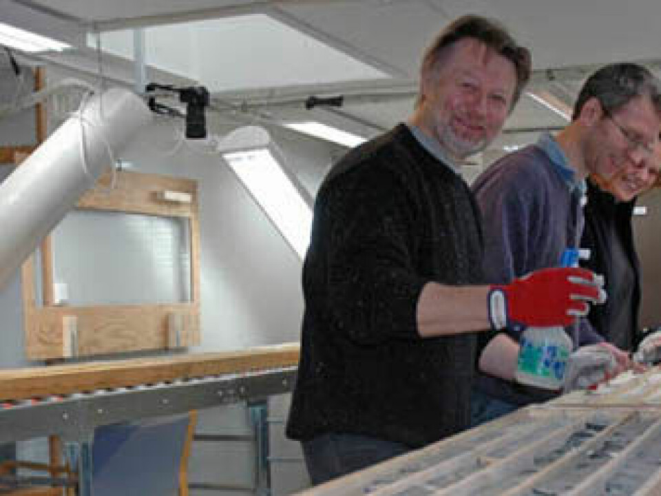 Victor Melezhik, Aivo Lepland and Melanie Mesli examining drill cores at the NGU laboratory. (Photo: Gudmund Løvø)
