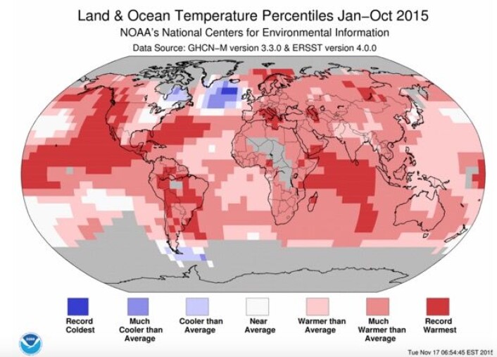 Rekordvarmt en rekke steder i verden etter at ti måneder er unnagjort av 2015. (Bilde: NOAA) Rekordvarmt en rekke steder i verden etter at ti måneder er unnagjort av 2015. (Bilde: NOAA)