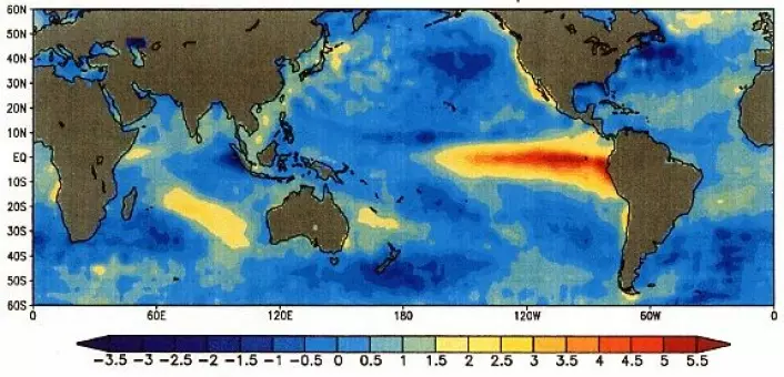 Kartet viser de unormalt høye temperaturene som oppstod i den østlige delen av Stillehavet i 1997. Vanligvis skulle denne delen av havet vært mye kjøligere.  (Foto: (Illustrasjonsbilde: NOAA.))