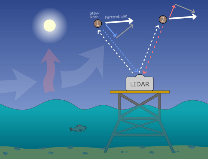Bølger og sol påvirker vinden, så den ikke alltid blåser jevnt i alle høyder. Lidar måler vinden ved å sende lysblink (hvite stiplede piler) opp i lufta.
Blinkene reflekteres ned igjen (blå og røde stiplede linjer) av støvkorn. Tiden fra opp-blink til refleks sier noe om avstanden til støvkornet. Hvis støvkornet beveger seg mot lidaren (posisjon 1) blir bølgelengden på reflekslyset litt kortere. Det blir blåforskjøvet.
Hvis støvkornet beveger seg vekk fra lidaren (posisjon 2) blir bølgelengden på reflekslyset litt lengre. Det blir rødforskøvet.
Lidaren kan måle farten langs synslinjen (blå og røde heltrukne piler i trekanten) men ikke den delen av farten som er på tvers (grå piler). Til sammen kan avstand og fart langs synslinjen brukes til å beregne fart og retning på vinden. (Foto: (Illustrasjon: Arnfinn Christensen, forskning.no)) Bølger og sol påvirker vinden, så den ikke alltid blåser jevnt i alle høyder. Lidar måler vinden ved å sende lysblink (hvite stiplede piler) opp i lufta.
Blinkene reflekteres ned igjen (blå og røde stiplede linjer) av støvkorn. Tiden fra opp-blink til refleks sier noe om avstanden til støvkornet. Hvis støvkornet beveger seg mot lidaren (posisjon 1) blir bølgelengden på reflekslyset litt kortere. Det blir blåforskjøvet.
Hvis støvkornet beveger seg vekk fra lidaren (posisjon 2) blir bølgelengden på reflekslyset litt lengre. Det blir rødforskøvet.
Lidaren kan måle farten langs synslinjen (blå og røde heltrukne piler i trekanten) men ikke den delen av farten som er på tvers (grå piler). Til sammen kan avstand og fart langs synslinjen brukes til å beregne fart og retning på vinden. (Foto: (Illustrasjon: Arnfinn Christensen, forskning.no))