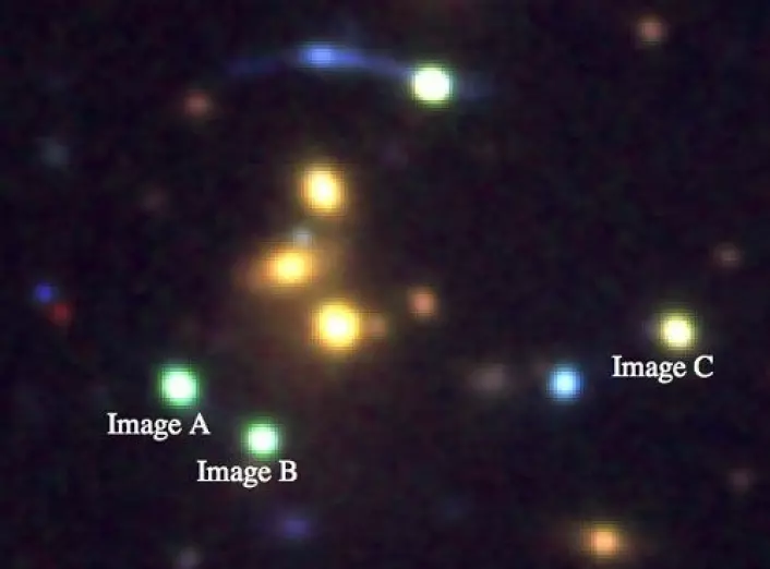 Sammensatt bilde som bruker observasjoner fra både Gemini og NOT-teleskopene for å vise de tre sterkeste kvasarbildene A, B og C. Lys fra bilde C kommer først frem, og kan dermed brukes til å forutsi fremtidig oppførsel til de andre kvasarbildene. De gule flekkene i midten er galakser i galaksehopen som fungerer som gravitasjonslinse og bøyer lyset. De ulike fargene på bildene A, B og C er ikke reelle. (Foto: (Illustrasjon: Mike Gladders/Håkon Dahle, Gemini/NOT))
