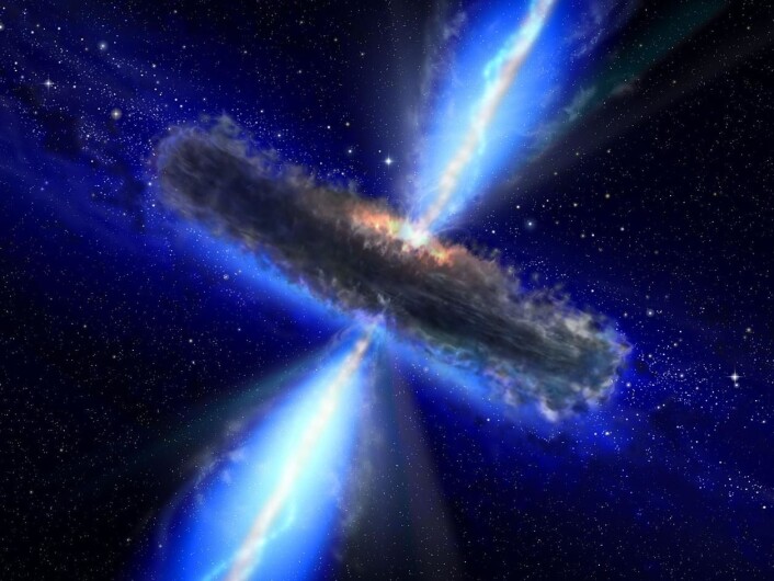 Aktiv galaksekjerne: Illustrasjon (tegning) av en kvasar, slik astronomene tror den ser ut. Gass og støv danner en flat disk rundt det sentrale supermassive sorte hullet. Energi fra materiale som blir slukt av det sorte hullet fører til at høyenergiske strømmer av partikler skytes ut over og under gasskiven med hastigheter nært opptil lyshastigheten. (Foto: (Bilde: Nasa/Esa)) Aktiv galaksekjerne: Illustrasjon (tegning) av en kvasar, slik astronomene tror den ser ut. Gass og støv danner en flat disk rundt det sentrale supermassive sorte hullet. Energi fra materiale som blir slukt av det sorte hullet fører til at høyenergiske strømmer av partikler skytes ut over og under gasskiven med hastigheter nært opptil lyshastigheten. (Foto: (Bilde: Nasa/Esa))