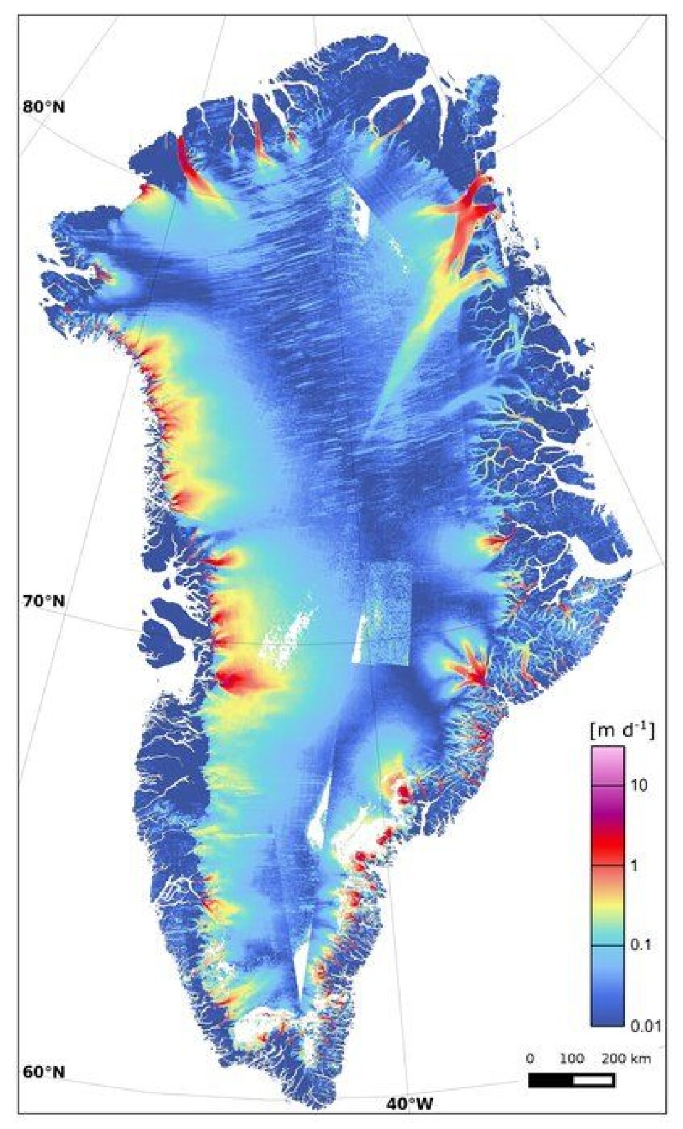 Farten til isbreer på Grønland målt av den europeiske radarsatellitten Sentinel-1 og andre i januar til mars 2015. Kjempebreen Zachariæ Isstrøm i nordøst er en av dem som beveger seg raskest. (Foto: Copernicus/Sentinel/ENVEO/ESA CCI/FFG)