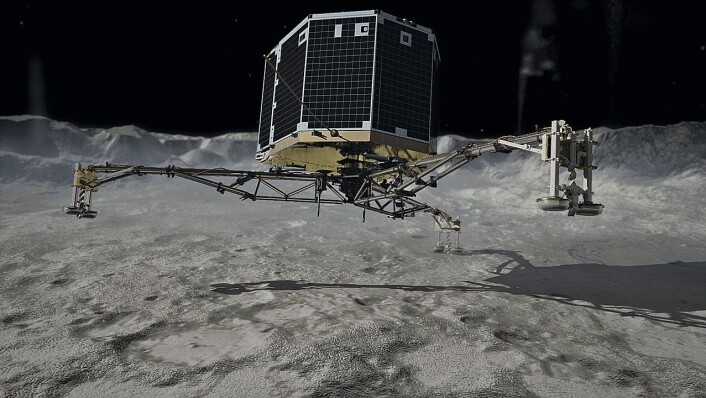 Illustratørens inntrykk av hvordan den europeiske sonden Philae nærmet seg landing på komet 67P/Churjumov-Gerasimenko den 12. november 2014. (Foto: (Illustrasjon: Deutsches Zentrum für Luft- und Raumfahrt (DLR), Creative Commons 3.0)) Illustratørens inntrykk av hvordan den europeiske sonden Philae nærmet seg landing på komet 67P/Churjumov-Gerasimenko den 12. november 2014. (Foto: (Illustrasjon: Deutsches Zentrum für Luft- und Raumfahrt (DLR), Creative Commons 3.0))