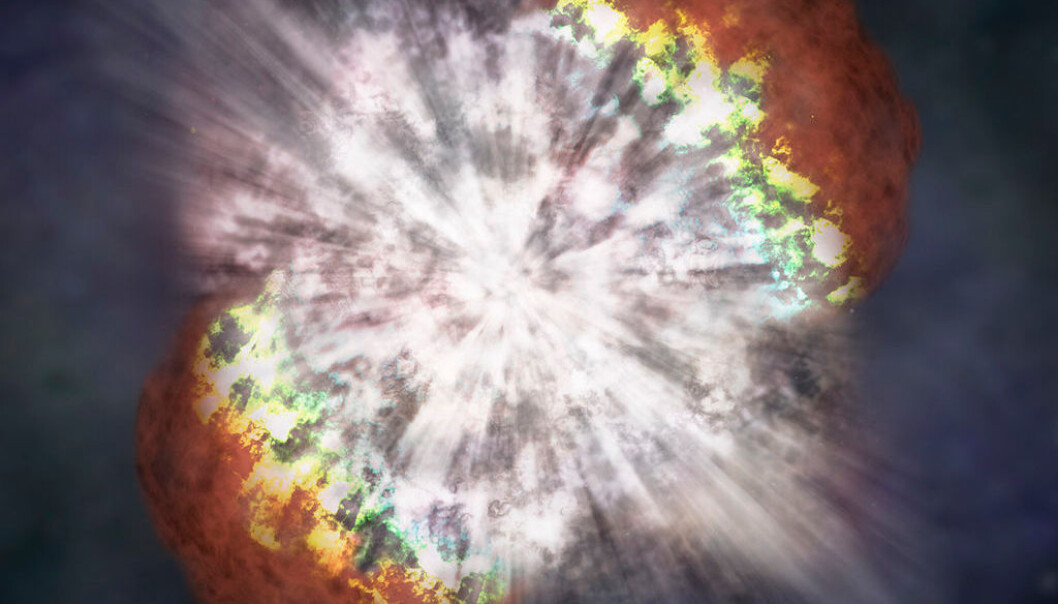 Hypernovaer – gigantiske eksploderende stjerner fra universets første tider – slynget ut gassene som formet de eldste stjernene i midten av vår melkevei. Nå har astronomer funnet disse stjernene. Denne illustrasjonen viser hvordan en hypernova kan ha sett ut da den eksploderte. (Illustrasjon:NASA/CXC/M.Weiss) Hypernovaer – gigantiske eksploderende stjerner fra universets første tider – slynget ut gassene som formet de eldste stjernene i midten av vår melkevei. Nå har astronomer funnet disse stjernene. Denne illustrasjonen viser hvordan en hypernova kan ha sett ut da den eksploderte. (Illustrasjon:NASA/CXC/M.Weiss)