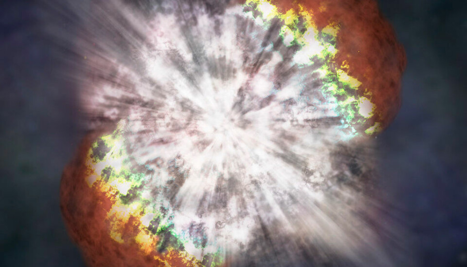 Hypernovaer – gigantiske eksploderende stjerner fra universets første tider – slynget ut gassene som formet de eldste stjernene i midten av vår melkevei. Nå har astronomer funnet disse stjernene. Denne illustrasjonen viser hvordan en hypernova kan ha sett ut da den eksploderte. (Illustrasjon:NASA/CXC/M.Weiss)