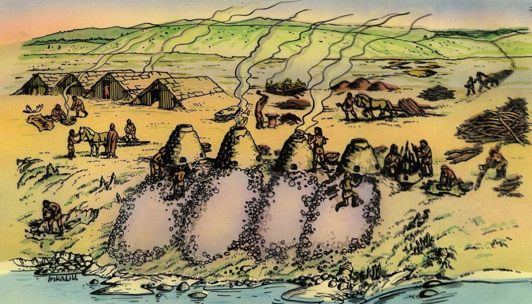 Furnaces, often four in a row, with the equally large slag piles indicating that all the furnaces were run as a unit simultaneously. Each furnace ran on a cyclical program, until the slag pit was full. (Illustration: Inkalill) Furnaces, often four in a row, with the equally large slag piles indicating that all the furnaces were run as a unit simultaneously. Each furnace ran on a cyclical program, until the slag pit was full. (Illustration: Inkalill)