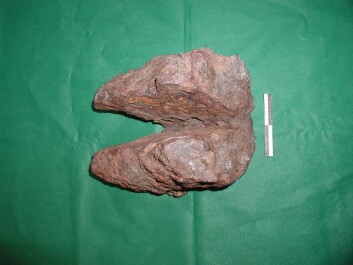 An iron bloom weighing 17 kilograms, typical for iron production in inner Trøndelag around the year 200 CE. (Photo: Arne Espelund) An iron bloom weighing 17 kilograms, typical for iron production in inner Trøndelag around the year 200 CE. (Photo: Arne Espelund)