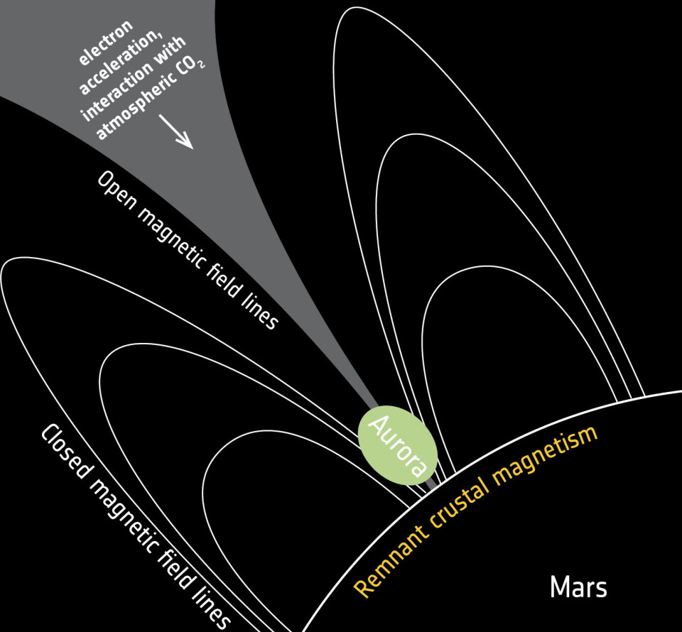 Magnetfeltene på Mars som skyldes bergarter på bakken skaper nordlys når de åpner seg som en paraply og leder elektroner fra sola ned til atmosfæren. (Foto: ESA/ATG medialab/J-C. Gérard & L. Soret (2015))