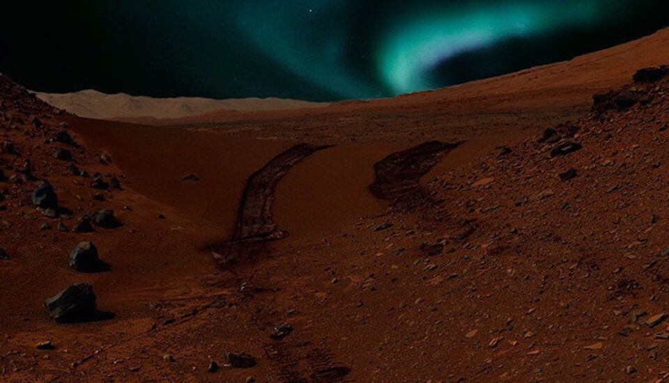 På planeter uten magnetfelt, som Mars, kan solvinden treffe atmosfæren direkte og skape nordlys. Slik mener NASA det kan se ut på overflaten. Men dette er ikke den eneste typen nordlys på Mars. (Foto: NASA/JPL-Caltech/MSSS & CSW/DB)