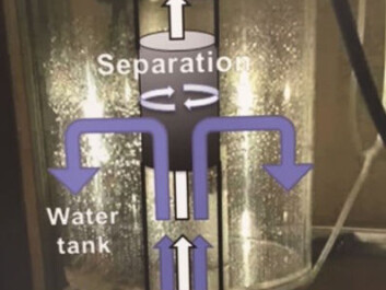 Wet gas flows through the separator. A tubular metal sponge spins rapidly so the liquid is separated from the gas and thrown to the side and down, allowing dry gas to stream up to where you want it. (Illustration: NTNU) Wet gas flows through the separator. A tubular metal sponge spins rapidly so the liquid is separated from the gas and thrown to the side and down, allowing dry gas to stream up to where you want it. (Illustration: NTNU)