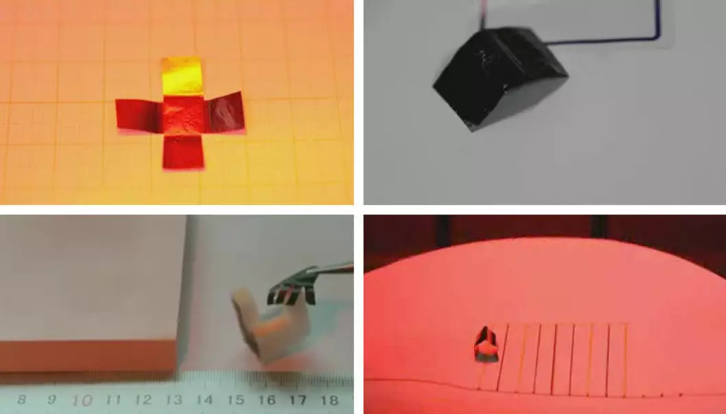 Flak av grafénpapir kan folde seg til en boks (øverst t.v), bevege seg i kurver (øverst t.h), gripe om tunge gjenstander (nederst t.v) og gå som en målelarve, alt styrt av heten fra infrarødt lys. Teknologien kan brukes i kunstige muskler og mikroskopiske roboter, mener de kinesiske forskerne bak studien i tidsskriftet Science Advances. (Foto: Fra video av Donghua University.)