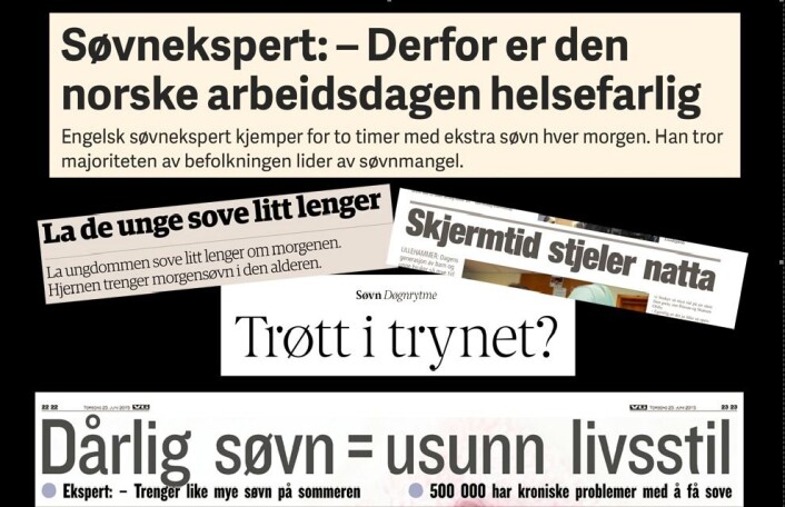Troen er svært sterk på at vi sover mindre enn vi pleide, men det er en myte, ifølge forskerne på Worldsleep-kongressen. (Foto: Faksimile fra E24, Dagens Næringsliv, Lillehammer Byavis, A-magasinet og VG) Troen er svært sterk på at vi sover mindre enn vi pleide, men det er en myte, ifølge forskerne på Worldsleep-kongressen. (Foto: Faksimile fra E24, Dagens Næringsliv, Lillehammer Byavis, A-magasinet og VG)
