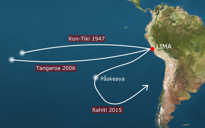 Kon-Tiki 1947 er ruten Thor Heyerdahl og hans mannskap seilte i 1947, fra Limas havneby Callao til Raroia i Polynesia. Tangaroa 2006 er ruten Torgeir Sæverud Higraff seilte i Heyerdahls farvann i 2006, en flåte som også ble bygget i balsatre.«Tangaroa» fullførte ekspedisjonen fra Peru til atollen Raroia 31 dager raskere enn «Kon-Tiki». Rahiti er ruten planlagt for vinteren 2015–2016. Ekspedisjonen, som også i år ledes av Torgeir Higraff, skal snu på Påskeøya og seile tilbake til Sør-Amerika. (Foto: (Montasje: forskning.no)) Kon-Tiki 1947 er ruten Thor Heyerdahl og hans mannskap seilte i 1947, fra Limas havneby Callao til Raroia i Polynesia. Tangaroa 2006 er ruten Torgeir Sæverud Higraff seilte i Heyerdahls farvann i 2006, en flåte som også ble bygget i balsatre.«Tangaroa» fullførte ekspedisjonen fra Peru til atollen Raroia 31 dager raskere enn «Kon-Tiki». Rahiti er ruten planlagt for vinteren 2015–2016. Ekspedisjonen, som også i år ledes av Torgeir Higraff, skal snu på Påskeøya og seile tilbake til Sør-Amerika. (Foto: (Montasje: forskning.no))