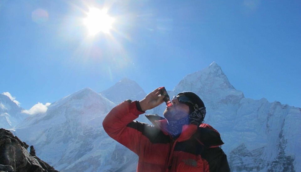 Drinking beet juice can help the human body cope with high altitudes. Here, a study subject drinks beet juice with Mt. Everest in the background. (Photo: Harald Engan, Mid Sweden University)