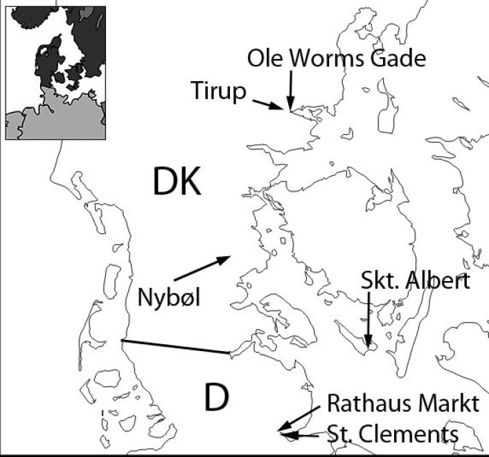Kartet viser hvor de forskjellige middelalderkirkegårdene lå. Fire av de seks lå i Danmark, mens de siste to lå i Tyskland. (Foto: (Figur: Journal of Archaeological Science: Reports) ) Kartet viser hvor de forskjellige middelalderkirkegårdene lå. Fire av de seks lå i Danmark, mens de siste to lå i Tyskland. (Foto: (Figur: Journal of Archaeological Science: Reports) )