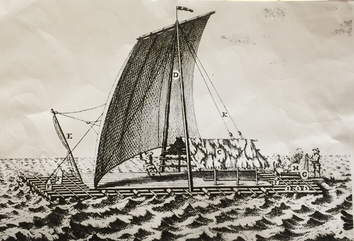 Tegning fra 1748 av balsaflåte med senkekjøl. (Foto: (Illustrasjon: NTNU)) Tegning fra 1748 av balsaflåte med senkekjøl. (Foto: (Illustrasjon: NTNU))