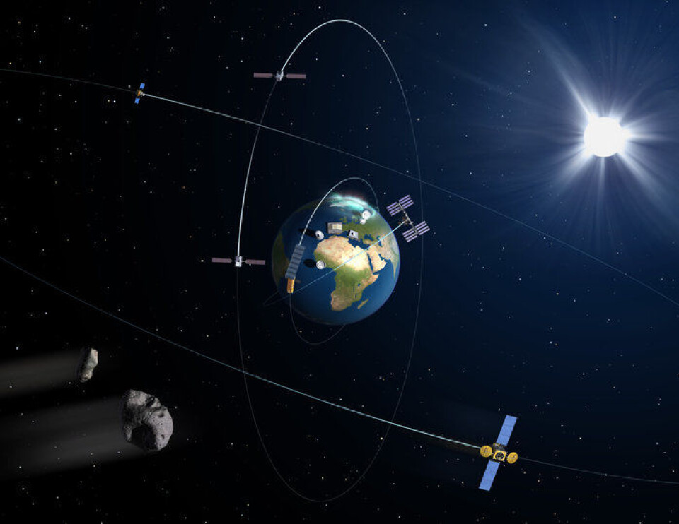 ESAs program Space Situational Awareness holder øye med farer fra rommet, som nærgående himmellegemer, romsøppel, og uvær i rommet (blant annet utbrudd på sola og kosmisk stråling). (Foto: ESA)