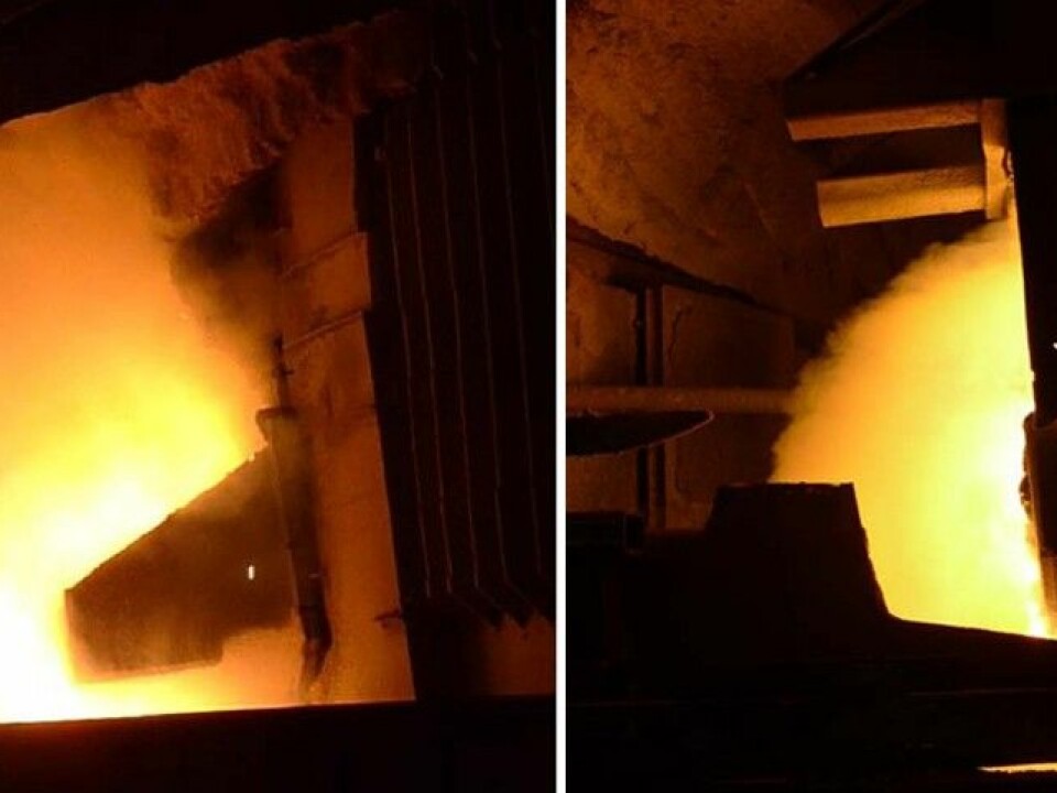 Left: This is what a smelter hall has traditionally looked like when silicon is tapped from a furnace, as dust is discharged into the work atmosphere from metal flowing out of the tap-hole. Right: What it looks like when silicon is tapped at Elkem Thamshavn today. A new extraction system removes 85 percent of the dust in the work zone around the furnace. (Photo: SINTEF)