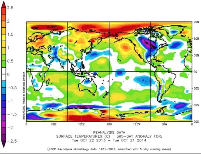 Temperatur (avvik fra normalen 1981-2010) for perioden 22 okt 2013 - 21 okt 2014. (Bilde: NOAA) Temperatur (avvik fra normalen 1981-2010) for perioden 22 okt 2013 - 21 okt 2014. (Bilde: NOAA)