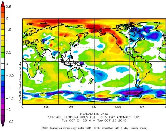 Temperatur (avvik fra normalen 1981 - 2010) for de siste 365 døgn. (Bilde: NOAA) Temperatur (avvik fra normalen 1981 - 2010) for de siste 365 døgn. (Bilde: NOAA)