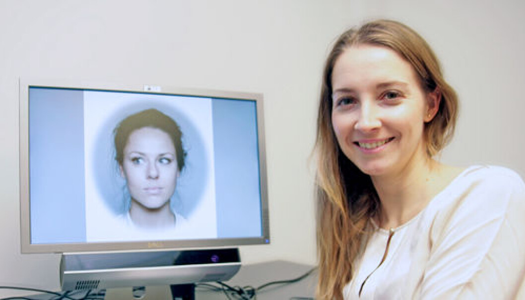 PhD Candidate Olga Chelnokova together with one of the faces that the participants assessed. (Photo: Svein Harald Milde and Guro Løseth) PhD Candidate Olga Chelnokova together with one of the faces that the participants assessed. (Photo: Svein Harald Milde and Guro Løseth)