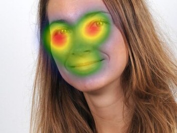 The areas we typically scan when viewing a face for several seconds. The red areas show what we look at most, with colors gradually changing to blue for the areas that receive less attention. Here, a picture of the researcher herself - Olga Chelnokova. (Photo: Lasse Moer, UiO) The areas we typically scan when viewing a face for several seconds. The red areas show what we look at most, with colors gradually changing to blue for the areas that receive less attention. Here, a picture of the researcher herself - Olga Chelnokova. (Photo: Lasse Moer, UiO)