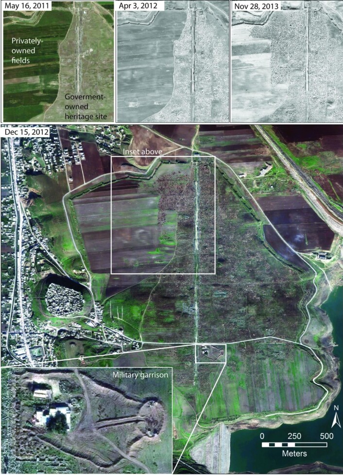 Bildet viser Apamea-området sett fra satellitt. Bildene øverst viser utviklingen fra 2012 til 2013, og du kan tydelig se hvordan utgravningene har bredd seg utover åkrene som ligger i nærheten. (Foto: Digital Globe 2015) Bildet viser Apamea-området sett fra satellitt. Bildene øverst viser utviklingen fra 2012 til 2013, og du kan tydelig se hvordan utgravningene har bredd seg utover åkrene som ligger i nærheten. (Foto: Digital Globe 2015)