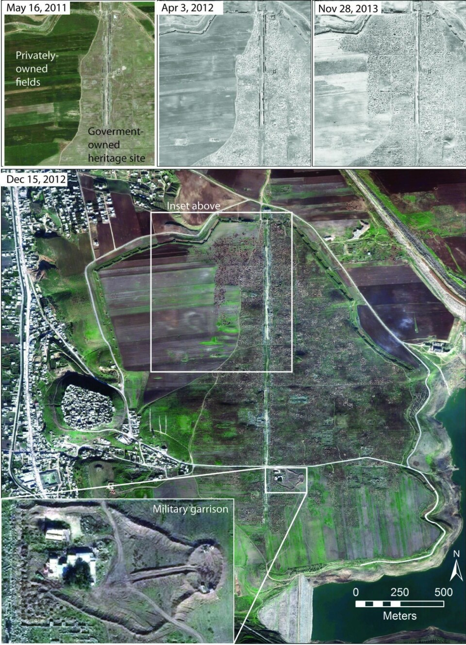 Bildet viser Apamea-området sett fra satellitt. Bildene øverst viser utviklingen fra 2012 til 2013, og du kan tydelig se hvordan utgravningene har bredd seg utover åkrene som ligger i nærheten. (Foto: Digital Globe 2015)