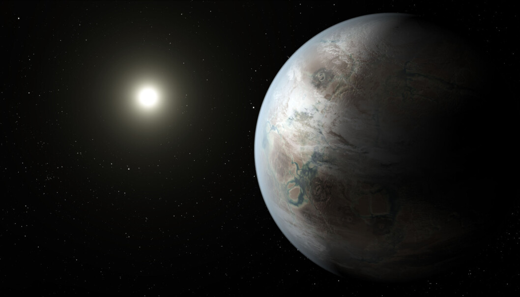 Kepler-452b er 60 prosent større enn jorden, og den befinner seg i den beboelige sonen rundt en stjerne som ligner solen. Illustrasjonen viser hvordan en tegner forestiller seg at planeten kunne se ut. (Illustrasjon: NASA, JPL-Caltech, T. Pyle) Kepler-452b er 60 prosent større enn jorden, og den befinner seg i den beboelige sonen rundt en stjerne som ligner solen. Illustrasjonen viser hvordan en tegner forestiller seg at planeten kunne se ut. (Illustrasjon: NASA, JPL-Caltech, T. Pyle)