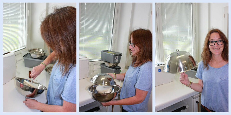 Forsker Anne Karine Halse demonstrerer montering av prøvetakeren PUF-PAS – populært kalt «puffen». (Foto: NILU)