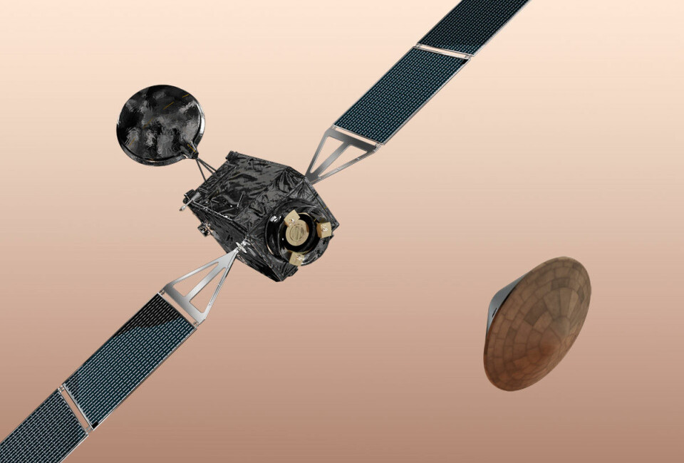 Den første ExoMars-sonden skal skytes opp med en russisk Proton-rakett, trolig neste vår. Modersonden Trace Gas Orbiter skal kretse rundt planeten og samle informasjon om den tynne atmosfæren til Mars. Landingsmodulen Schiaparelli er en forsøksmodul som skal prøve ut teknologien for å myklande på Mars. Den vil bare ha en kort levetid på overflaten før batteriene er tomme. I 2018 skal en europeisk-russisk marsbil etter planen sendes opp med neste ExoMars-ferd. (Foto: (Illustrasjon: ESA-AOES Medialab))