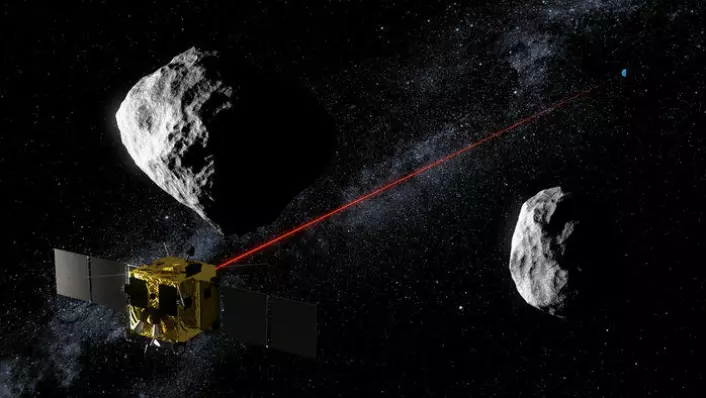 ESAs asteroidesonde AIM (Asteroid Impact Mission) skal undersøke dobbeltasteroiden Didymos, teste forsvarsmetode mot asteroider og kommunisere med jorda via ny laserteknologi.  (Foto: ESA)